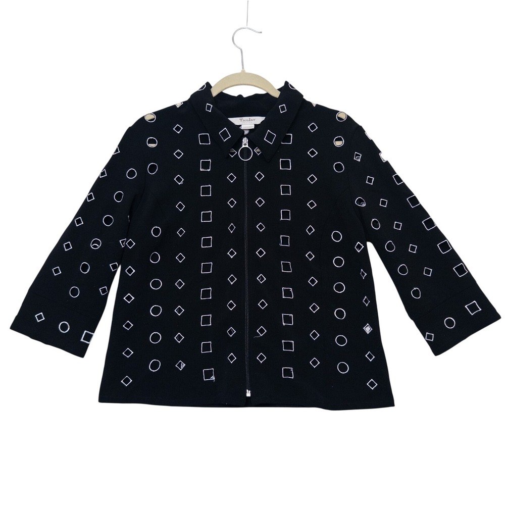 TanJay Petites 8P Laser‑Cut Geometric Cutout Zip‎ Jacket Black 3/4 Sleeve